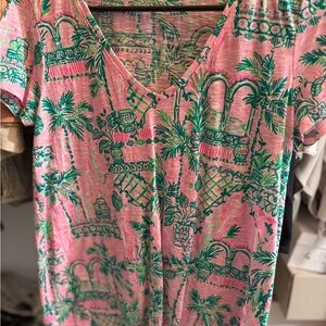 Lilly Pulitzer Pink and Green Tropical V-Neck Tee
